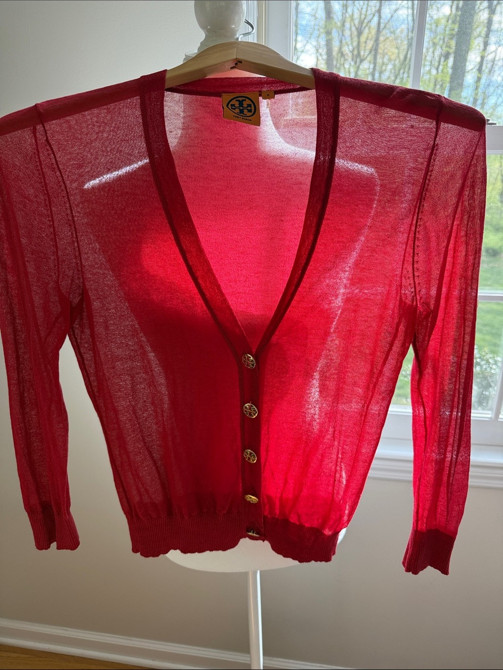 TORY BURCH Vintage Simone Vibrant Red Sheer Crop Cardigan Size Medium